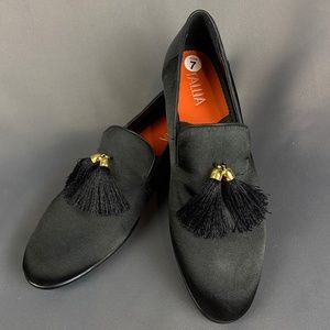 Tallia Eduardo Black Leather & Satin Tassel Loafer Slip on Shoes Size 7
